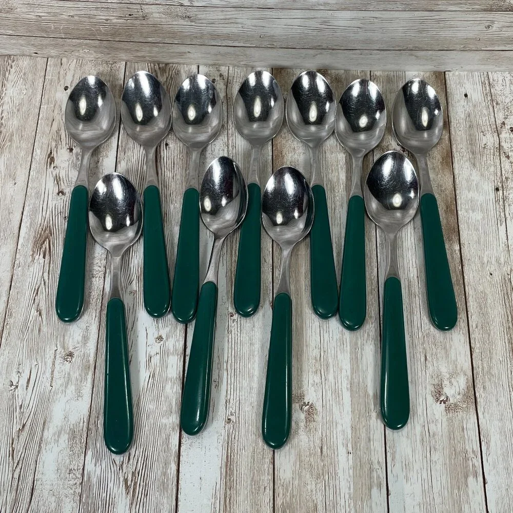 Vintage ONEIDA 55 Pc Lot Green Plastic Handle Utensil Stainless Steel Flatware
